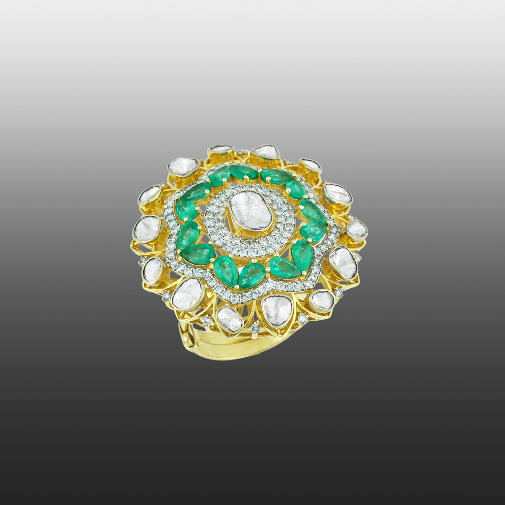 Polki Ring with Green Cut Stone and Diamond Border